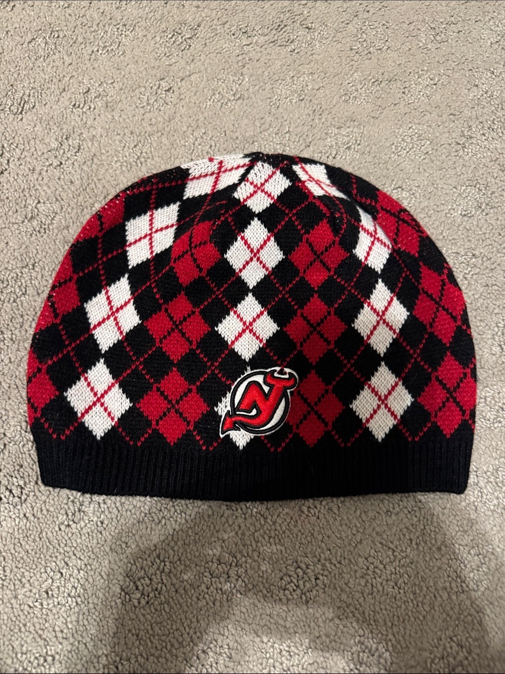 Argyle Knit Beanie Hat - Red/Black/White
